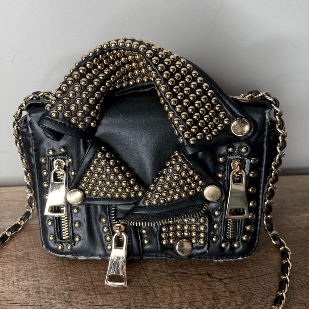 AMEILIYAR Black Vegan Leather Gold Toned Stud Biker Jacket Crossbody Bag *FLAW* - Picture 3 of 15